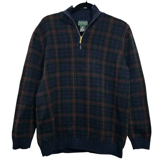 Lauren Ralph Lauren Men Sweater Blue Plaid 1/4 Zip Cotton Size L - Picture 1 of 8